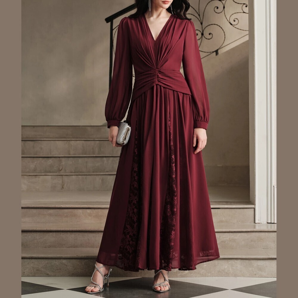 Burgundy Chiffon Lace Panel Ruched V Neck Long Sleeve Maxi Dress